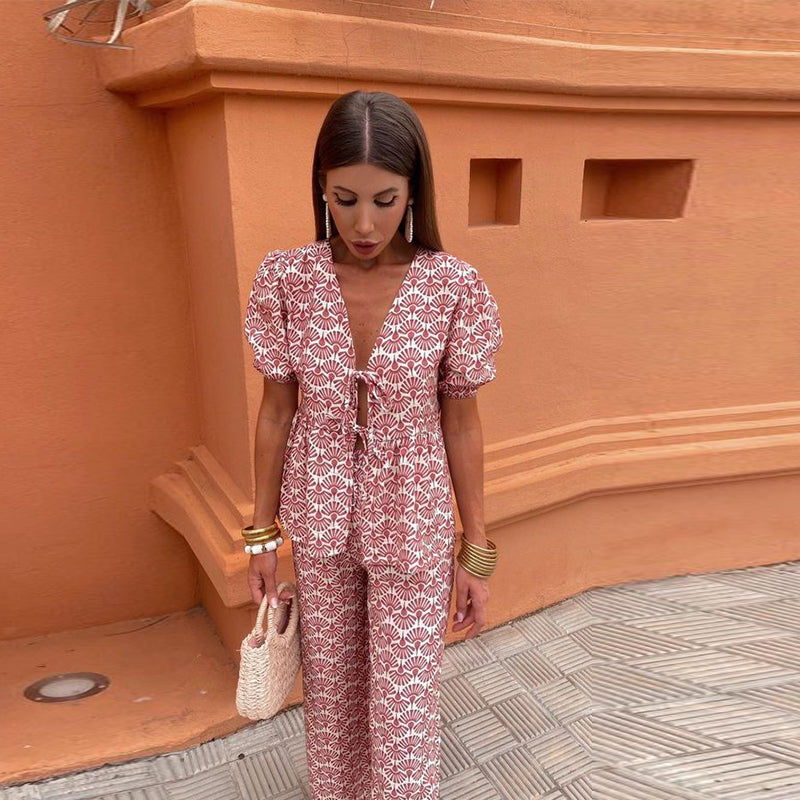 Women's Boho Two-Piece Linen Set - Puff Sleeve Top & Wide-Leg Trousers