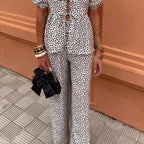 Women's Boho Two-Piece Linen Set - Puff Sleeve Top & Wide-Leg Trousers
