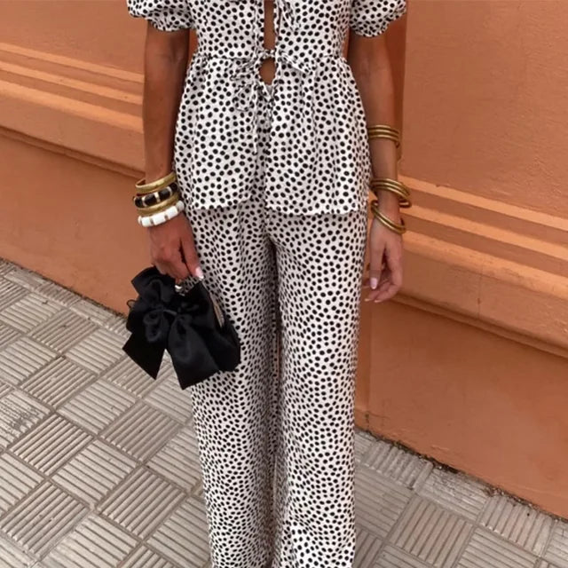 Women's Boho Two-Piece Linen Set - Puff Sleeve Top & Wide-Leg Trousers