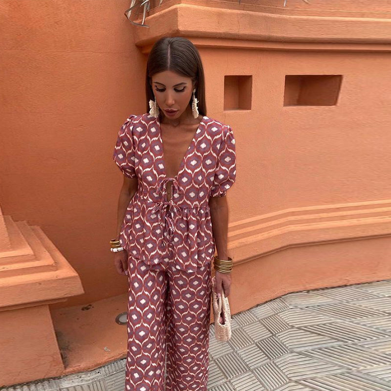 Women's Boho Two-Piece Linen Set - Puff Sleeve Top & Wide-Leg Trousers