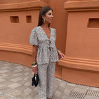 Women's Boho Two-Piece Linen Set - Puff Sleeve Top & Wide-Leg Trousers Grey