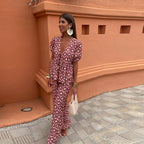 Women's Boho Two-Piece Linen Set - Puff Sleeve Top & Wide-Leg Trousers Red