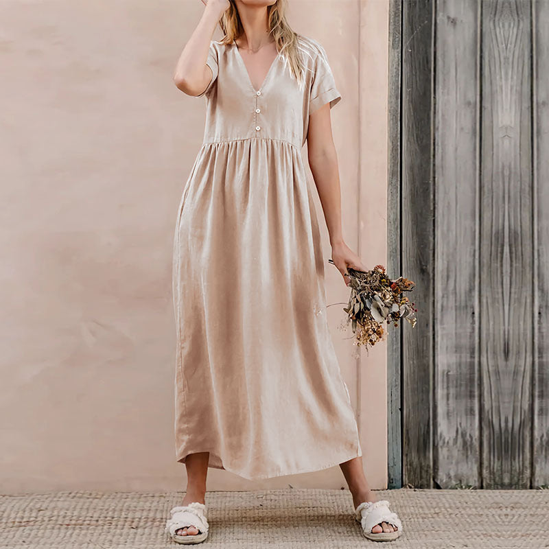 Women's Casual Beige Midi Dress - V-Neck, Button Front, Loose Fit, Cotton-Linen Blend