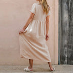 Women's Casual Beige Midi Dress - V-Neck, Button Front, Loose Fit, Cotton-Linen Blend
