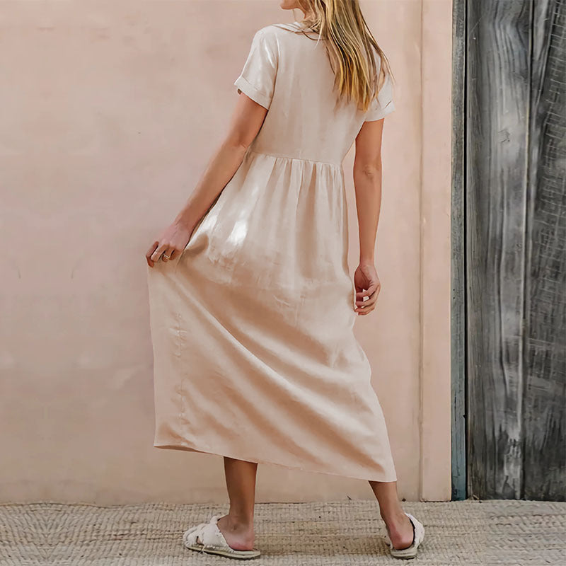 Women's Casual Beige Midi Dress - V-Neck, Button Front, Loose Fit, Cotton-Linen Blend