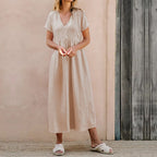 Women's Casual Beige Midi Dress - V-Neck, Button Front, Loose Fit, Cotton-Linen Blend