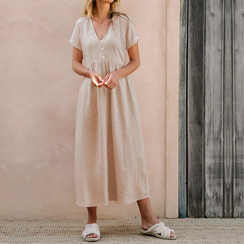 Women's Casual Beige Midi Dress - V-Neck, Button Front, Loose Fit, Cotton-Linen Blend