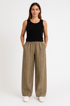 Women's Cotton Linen Blend Casual Trousers - Relaxed Fit, Ankle Length for Summer Khaki