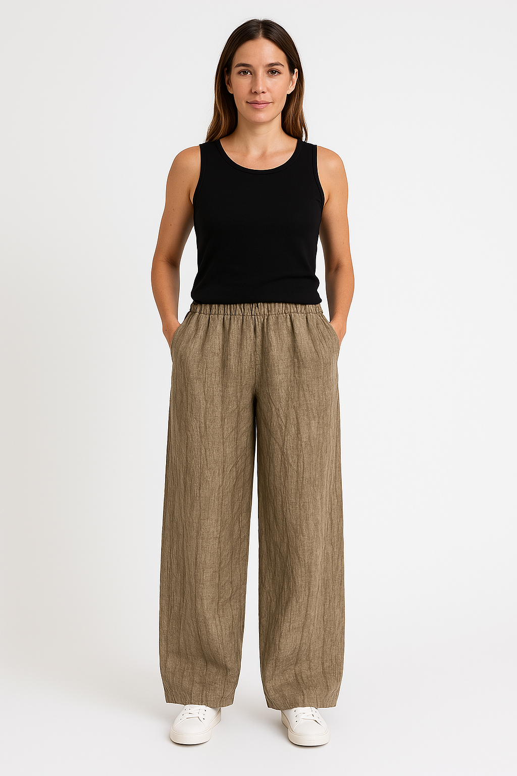 Women's Cotton Linen Blend Casual Trousers - Relaxed Fit, Ankle Length for Summer Khaki