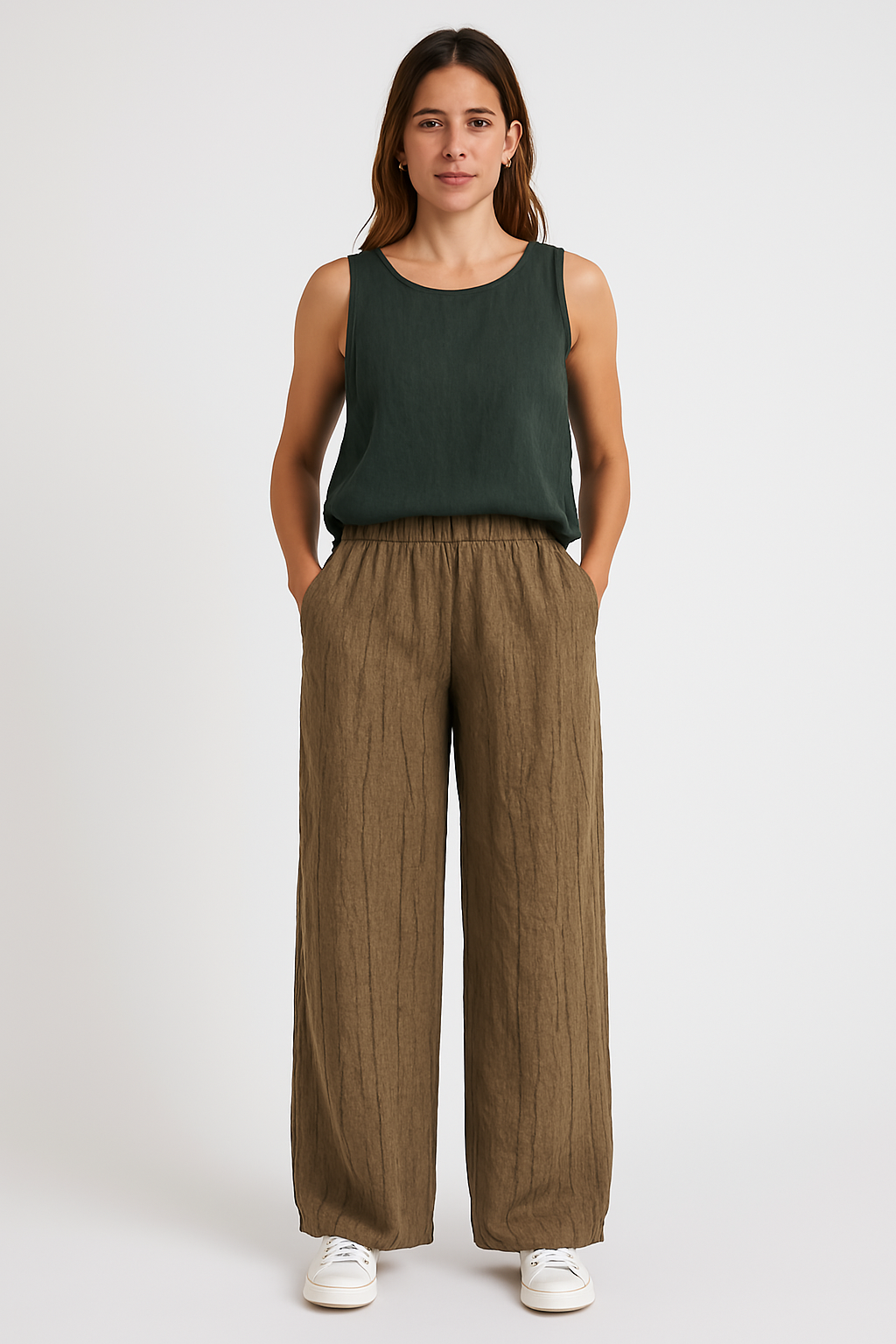 Women's Cotton Linen Blend Casual Trousers - Relaxed Fit, Ankle Length for Summer Brown