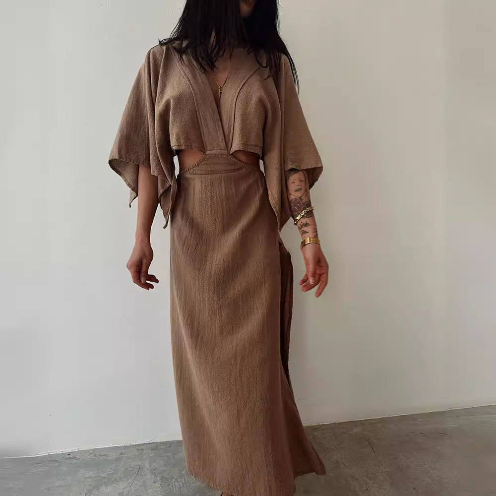 Women’s Cotton Linen Maxi Dress – V-Neck Cut Out Slim Fit with Side Slit Brown