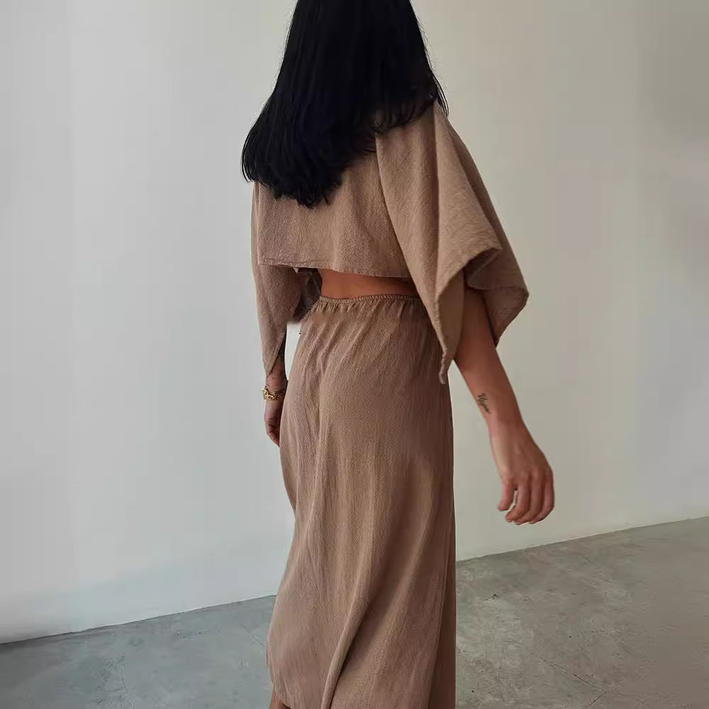 Women’s Cotton Linen Maxi Dress – V-Neck Cut Out Slim Fit with Side Slit