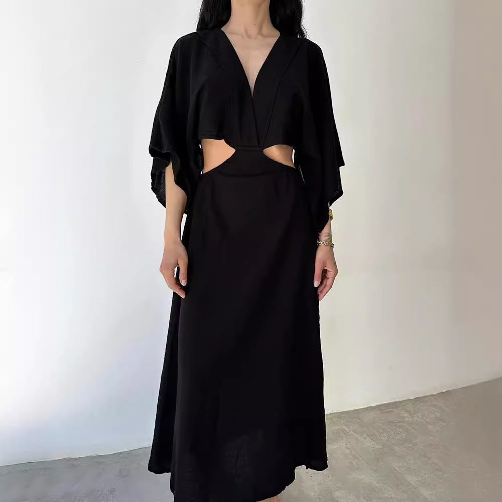 Women’s Cotton Linen Maxi Dress – V-Neck Cut Out Slim Fit with Side Slit Black