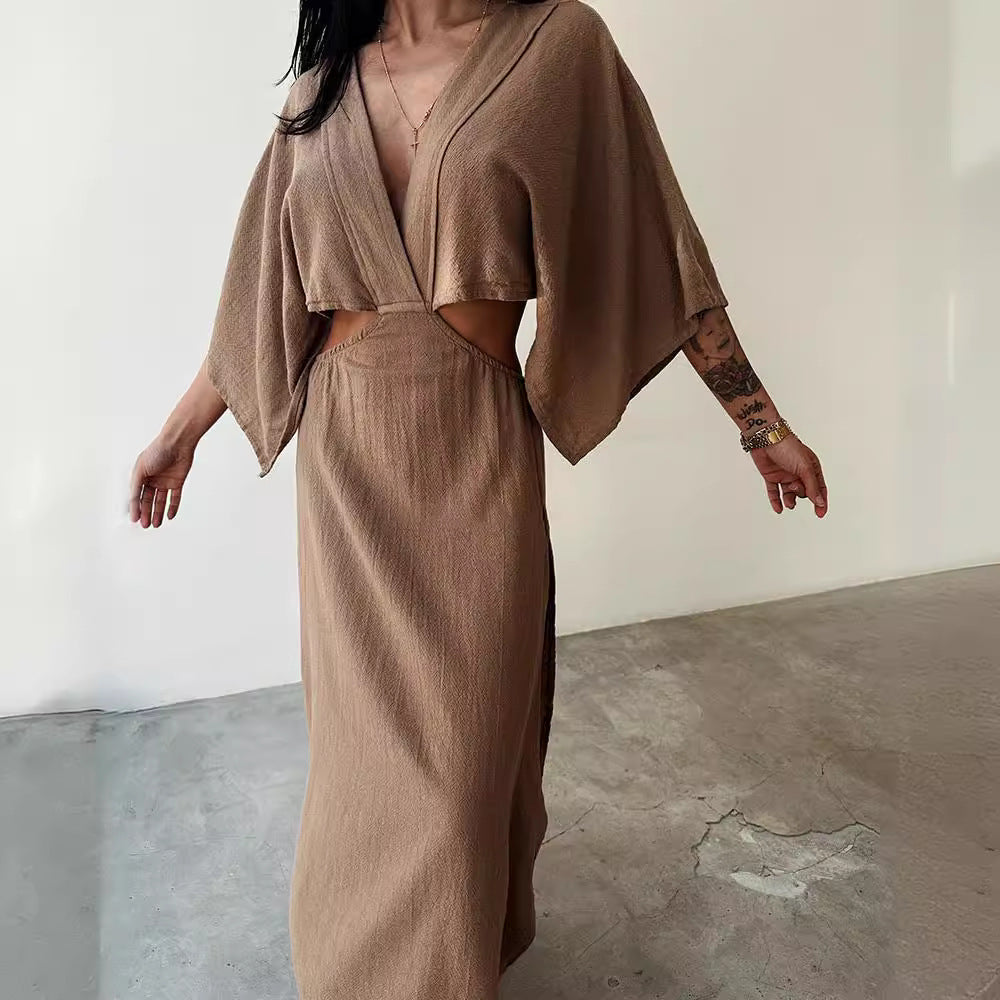 Women’s Cotton Linen Maxi Dress – V-Neck Cut Out Slim Fit with Side Slit