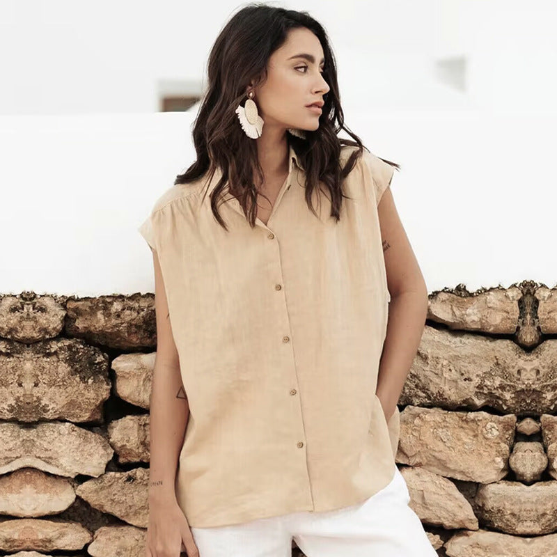Women's Cotton Linen Blend Sleeveless Blouse - Relaxed Fit, Button Down for Summer | Beige