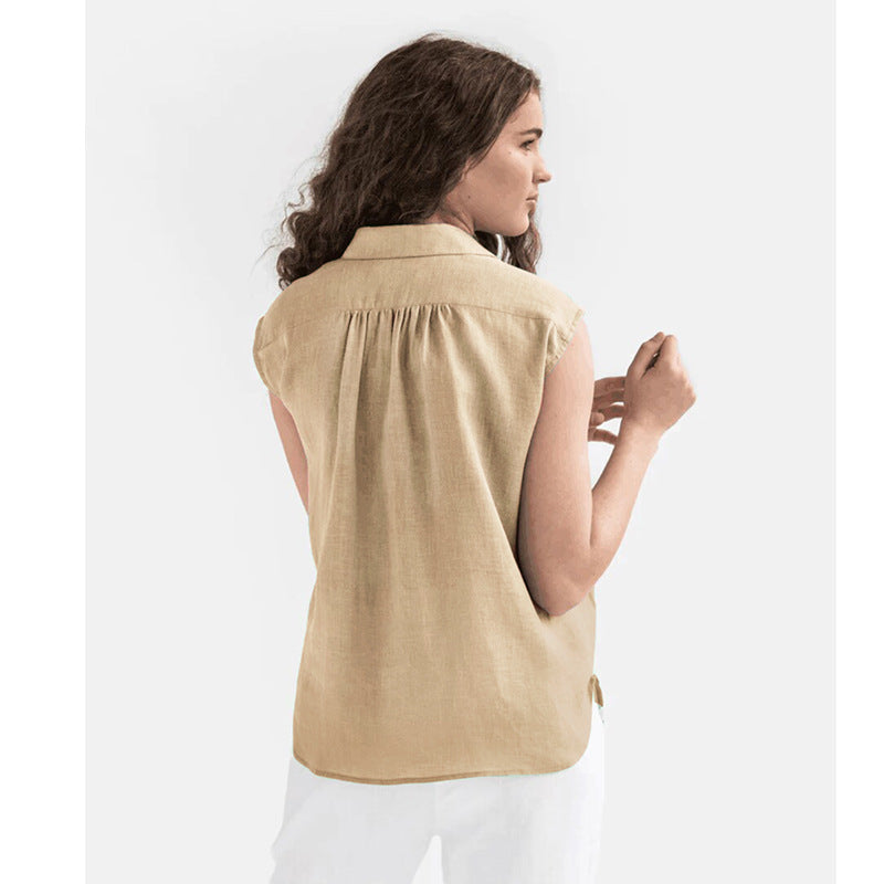 Women's Cotton Linen Blend Sleeveless Blouse - Relaxed Fit, Button Down for Summer | Beige