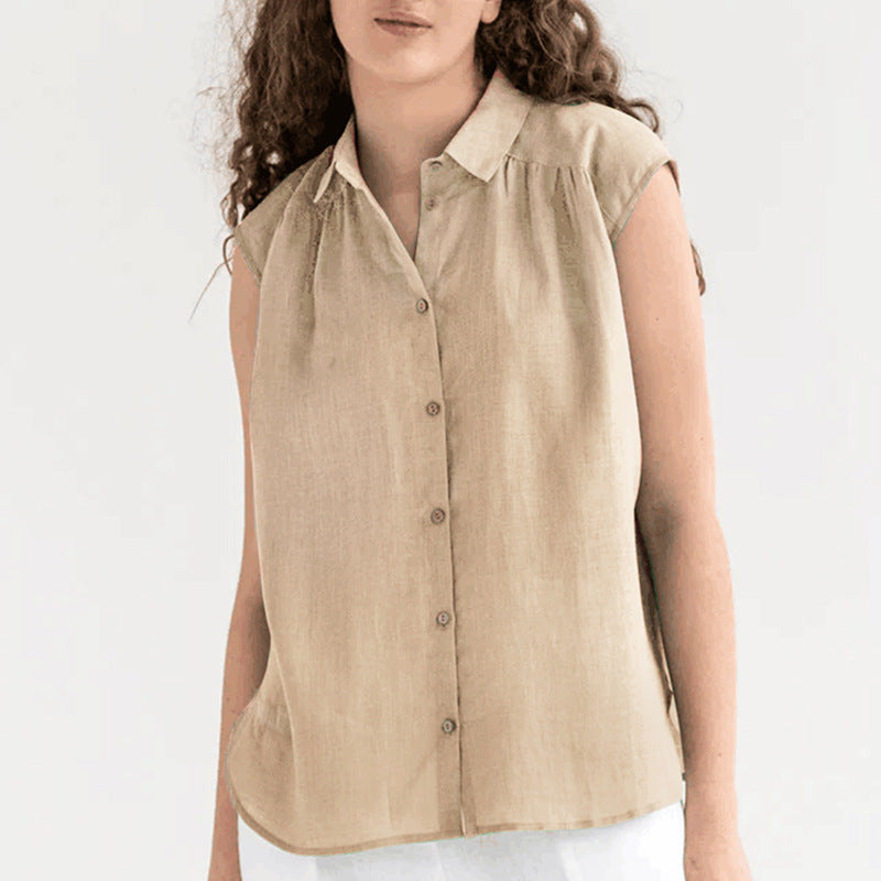 Women's Cotton Linen Blend Sleeveless Blouse - Relaxed Fit, Button Down for Summer | Beige