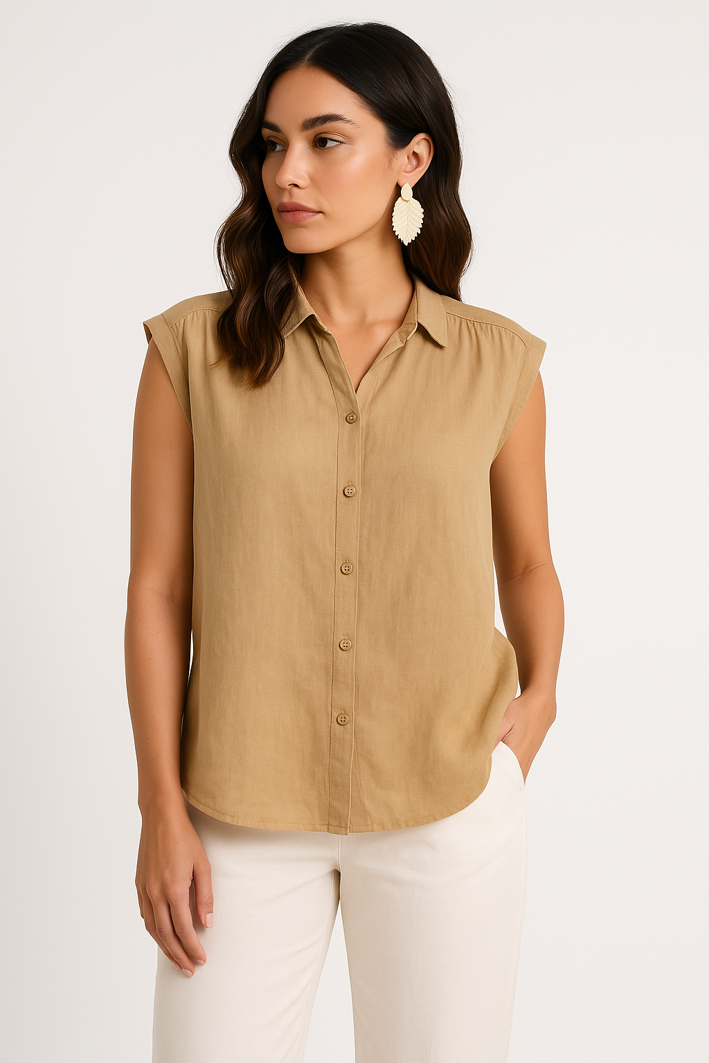 Women's Cotton Linen Blend Sleeveless Blouse - Relaxed Fit, Button Down for Summer | Beige