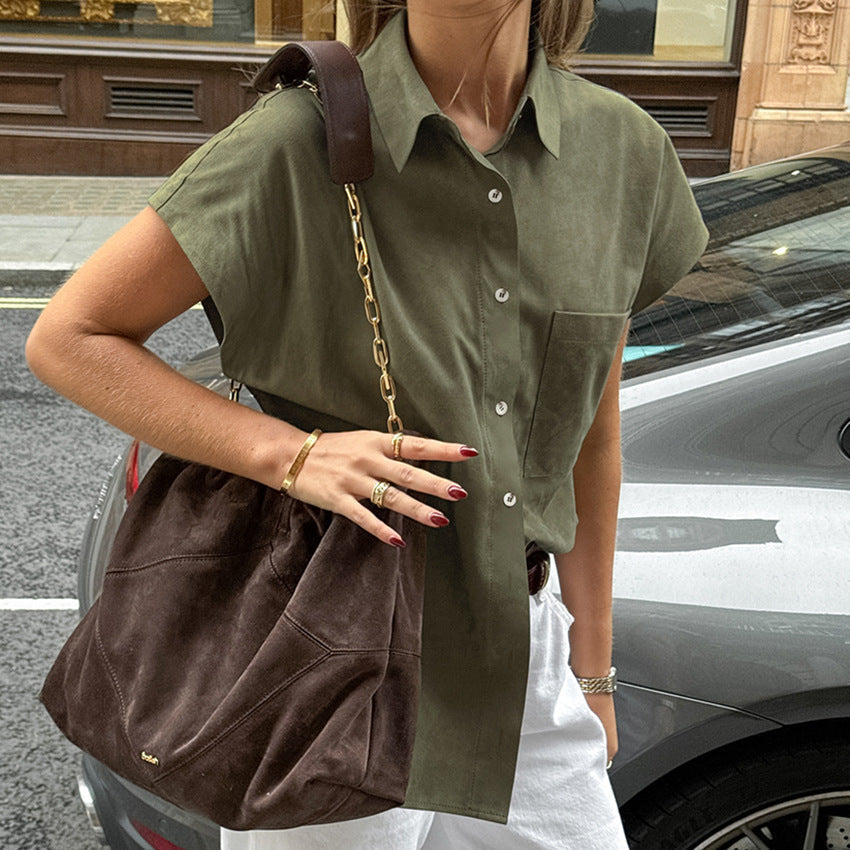 Women's Cotton Linen Blend Sleeveless Boxy Shirt - Relaxed Fit, Classic Button Front for Summer | Khaki