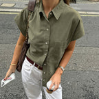 Women's Cotton Linen Blend Sleeveless Boxy Shirt - Relaxed Fit, Classic Button Front for Summer | Khaki Green