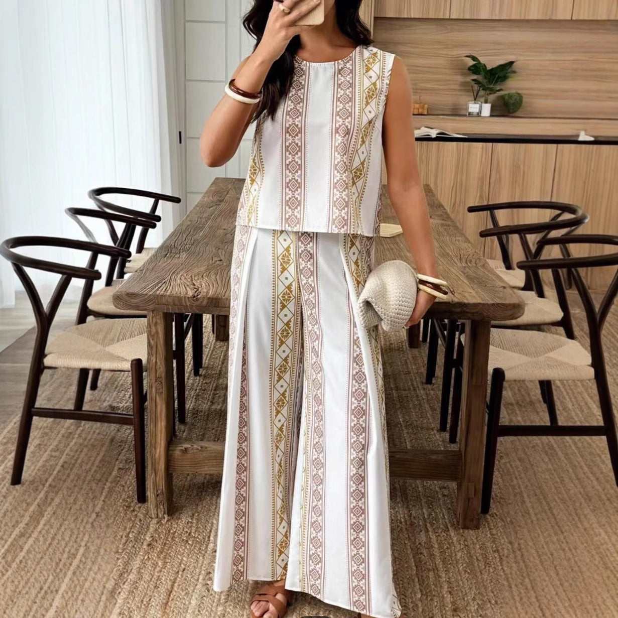 Women's Cotton Linen Blend Sleeveless Top & Wide-Leg Trousers Set for Summer | Geometric Beige Print