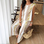 Women's Cotton Linen Blend Sleeveless Top & Wide-Leg Trousers Set for Summer | Geometric Beige Print
