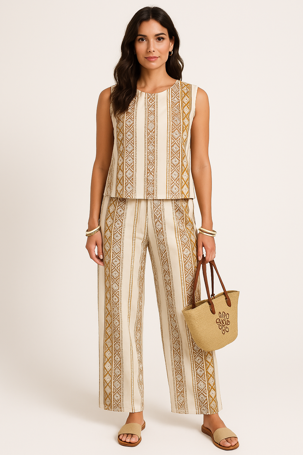 Women's Cotton Linen Blend Sleeveless Top & Wide-Leg Trousers Set for Summer | Geometric Beige Print XXL