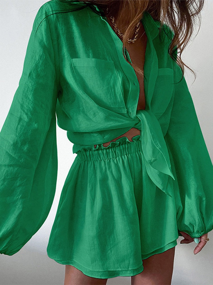 Women's Cotton Linen Blend Two-Piece Outfit - Relaxed Fit Shirt & Shorts Green