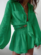 Women's Cotton Linen Blend Two-Piece Outfit - Relaxed Fit Shirt & Shorts Green