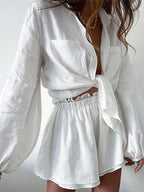 Women's Cotton Linen Blend Two-Piece Outfit - Relaxed Fit Shirt & Shorts White