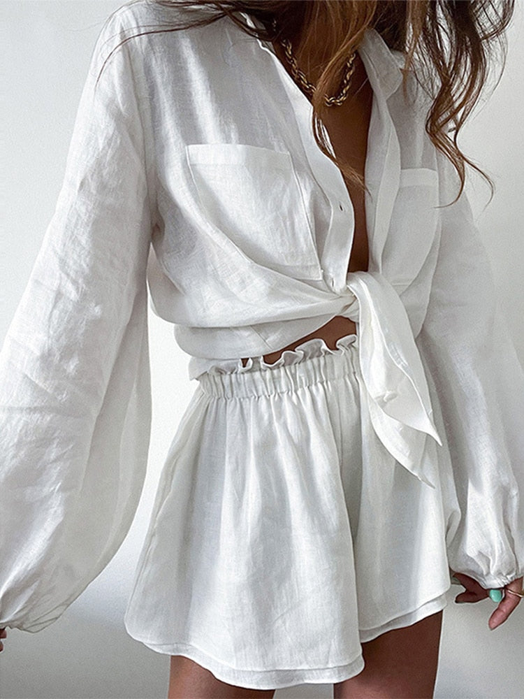 Women's Cotton Linen Blend Two-Piece Outfit - Relaxed Fit Shirt & Shorts White