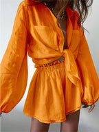 Women's Cotton Linen Blend Two-Piece Outfit - Relaxed Fit Shirt & Shorts Orange