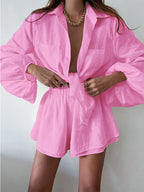 Women's Cotton Linen Blend Two-Piece Outfit - Relaxed Fit Shirt & Shorts Pink