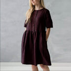 Women's Cotton Linen Midi Dress - Relaxed Fit, Short Sleeve, Button Front Purple