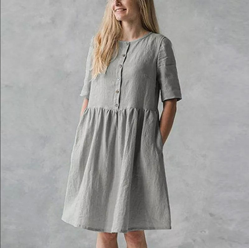 Women's Cotton Linen Midi Dress - Relaxed Fit, Short Sleeve, Button Front Grey