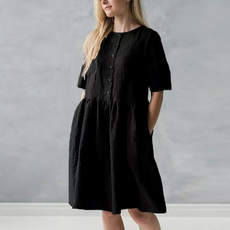Women's Cotton Linen Midi Dress - Relaxed Fit, Short Sleeve, Button Front Black