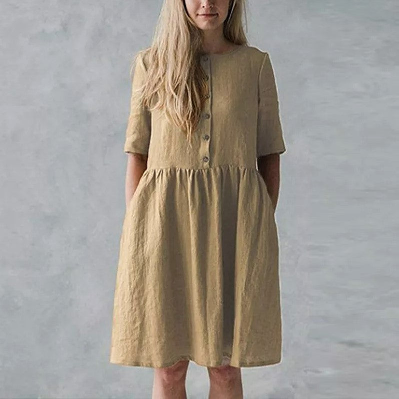 Women's Cotton Linen Midi Dress - Relaxed Fit, Short Sleeve, Button Front Khaki