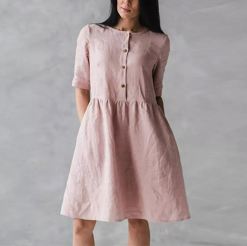 Women's Cotton Linen Midi Dress - Relaxed Fit, Short Sleeve, Button Front Pink
