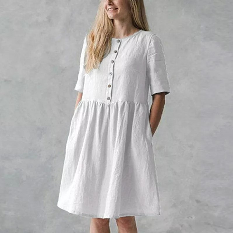 Women's Cotton Linen Midi Dress - Relaxed Fit, Short Sleeve, Button Front White