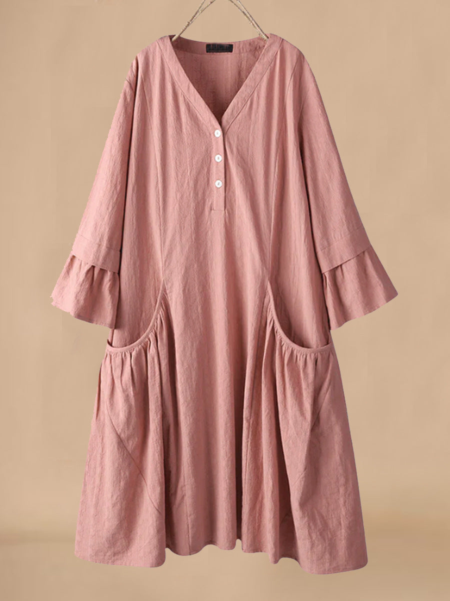 Women's Cotton Linen Midi Dress - Relaxed Fit, V-Neck, Flared Sleeves, Pockets for Summer Pink