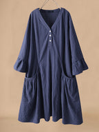 Women's Cotton Linen Midi Dress - Relaxed Fit, V-Neck, Flared Sleeves, Pockets for Summer Navy