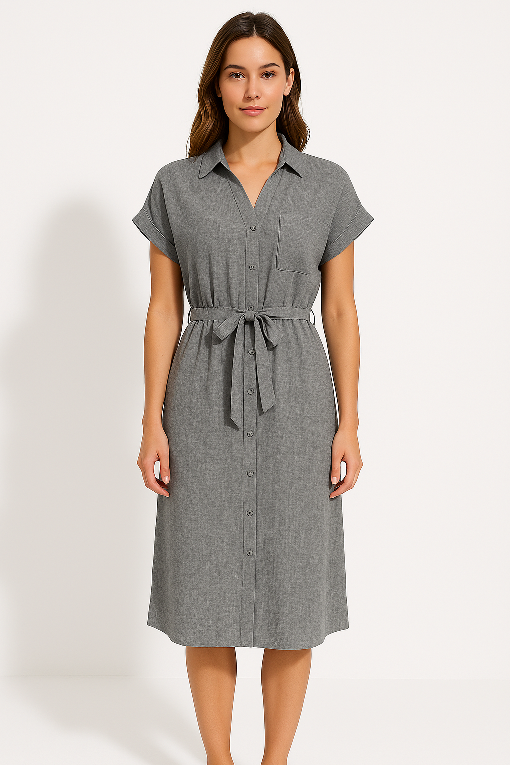 Women's Cotton Linen Midi Shirt Dress with Tie Waist - Short Sleeve Grey
