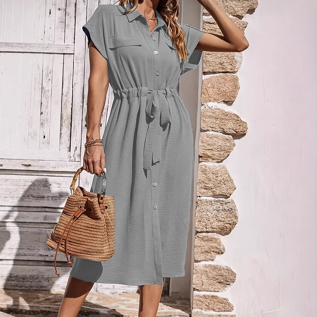 Women's Cotton Linen Midi Shirt Dress with Tie Waist - Short Sleeve
