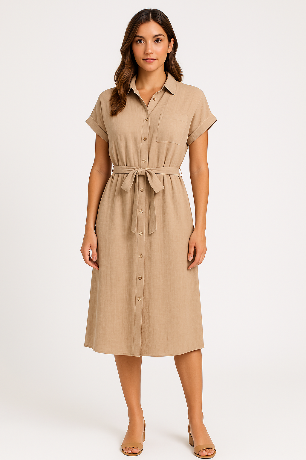 Women's Cotton Linen Midi Shirt Dress with Tie Waist - Short Sleeve Khaki