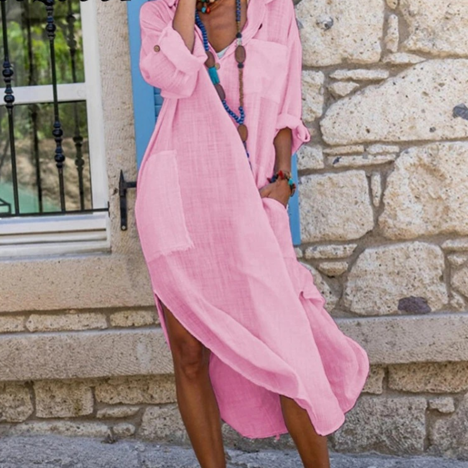 Women's Cotton Linen Shirt Dress - Relaxed Fit, Button Front, Flowing Style Pink