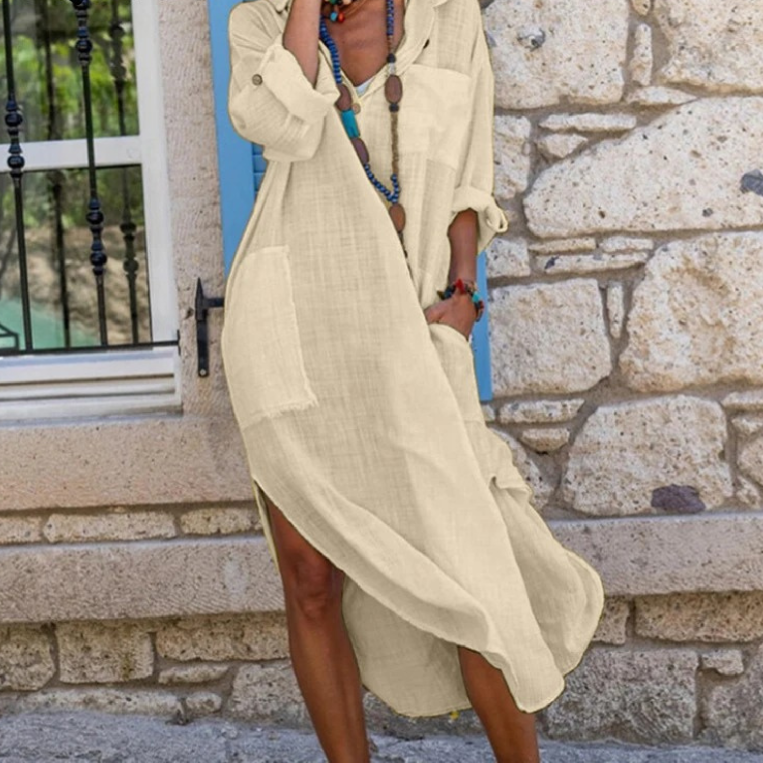 Women's Cotton Linen Shirt Dress - Relaxed Fit, Button Front, Flowing Style Light brown