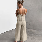 Women's Cotton Linen Two-Piece Set - Relaxed Fit Sleeveless Top & Wide-Leg Trousers for Summer | Beige