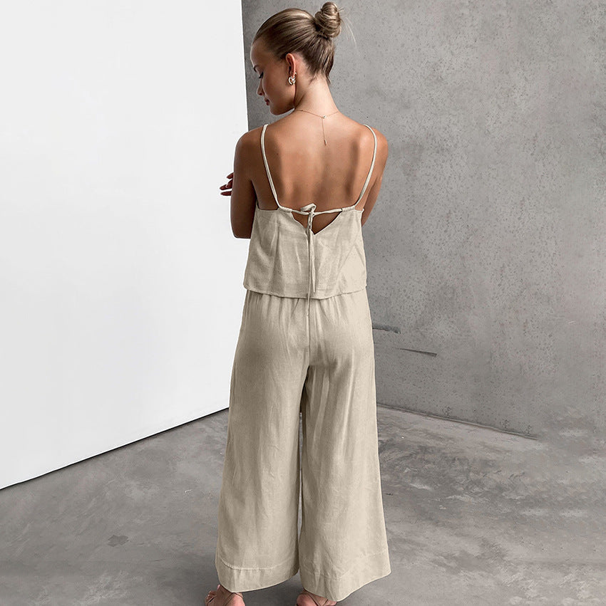 Women's Cotton Linen Two-Piece Set - Relaxed Fit Sleeveless Top & Wide-Leg Trousers for Summer | Beige