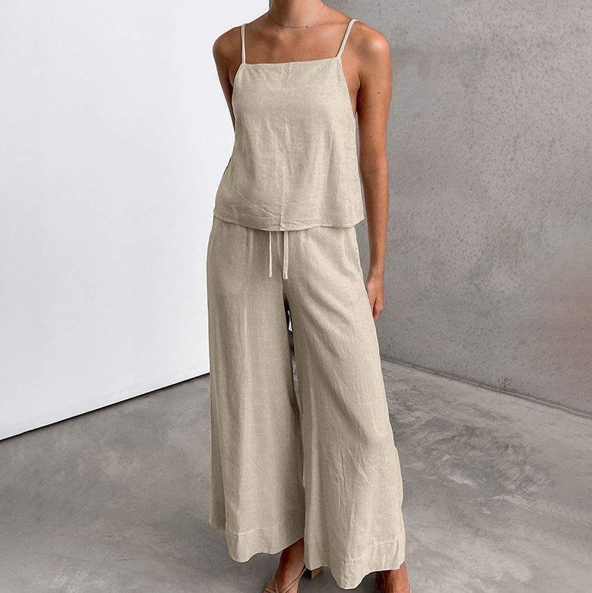 Women's Cotton Linen Two-Piece Set - Relaxed Fit Sleeveless Top & Wide-Leg Trousers for Summer | Beige L