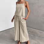 Women's Cotton Linen Two-Piece Set - Relaxed Fit Sleeveless Top & Wide-Leg Trousers for Summer | Beige